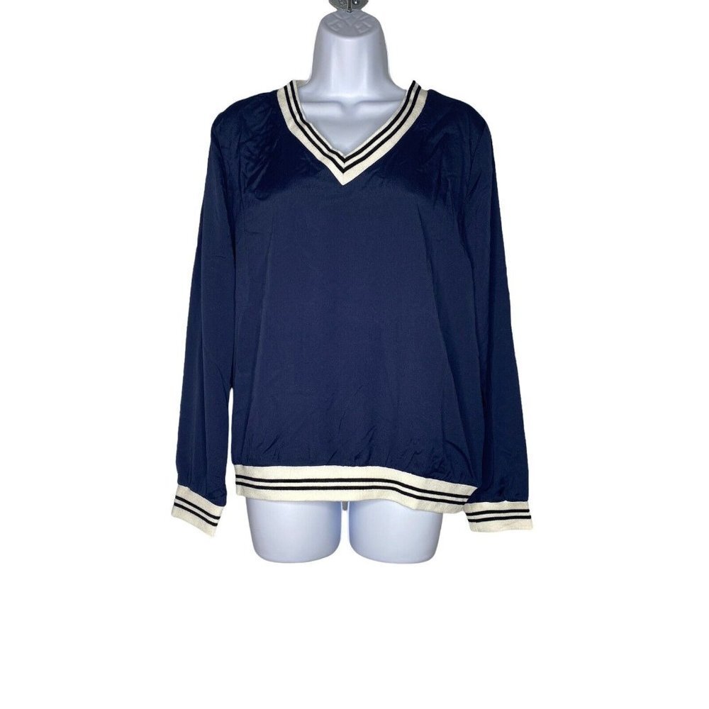 Piperlime Woman’s V Neck Rib Navy‎ Trim Varsity Long sleeve Pullover SZ M